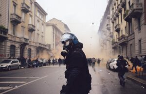 Agente in tenuta antisommossa tra i fumogeni durante gli scontri del corteo No Expo a Milano, 1 maggio 2015